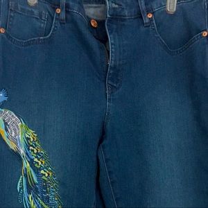 Jeans with peacock embroidery